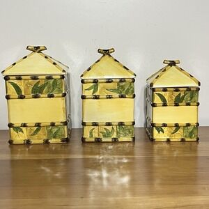 WCL Vintage 3 Piece Canister Set Green & Yellow Bamboo Design Square With Lids